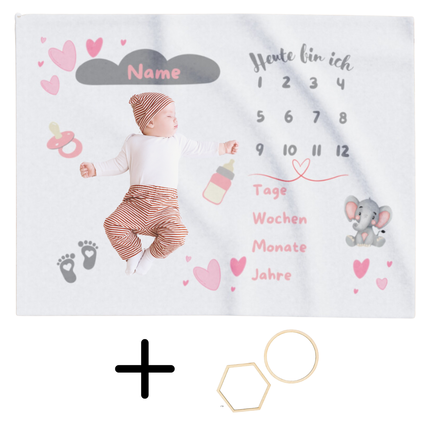 personalisierte Baby Meilensteindecke mit Holz Rahmen