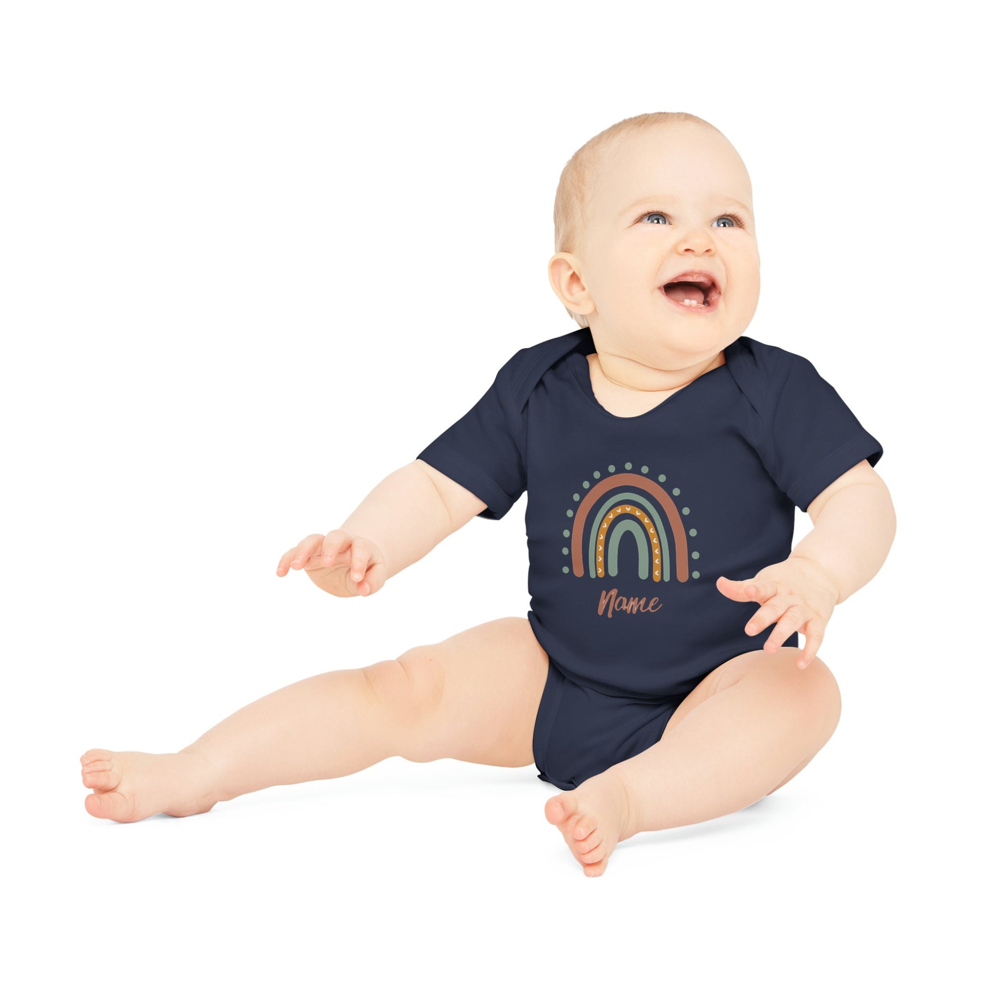 Baby Body personalisiert mit dem Namen, Regenbogen Motiv als Geschenk zur Geburt o. Taufe, Personalisierter Strampler Outfit für Neugeborene