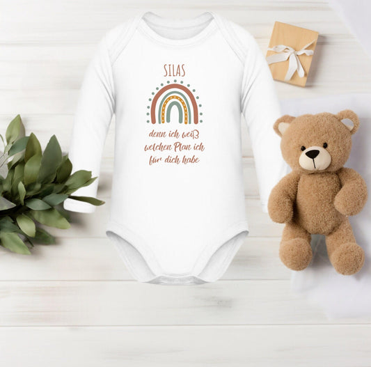 Baby Body langarm personalisiert mit dem Namen und dem Spruch, denn ich weiß, welchen Plan ich für dich habe